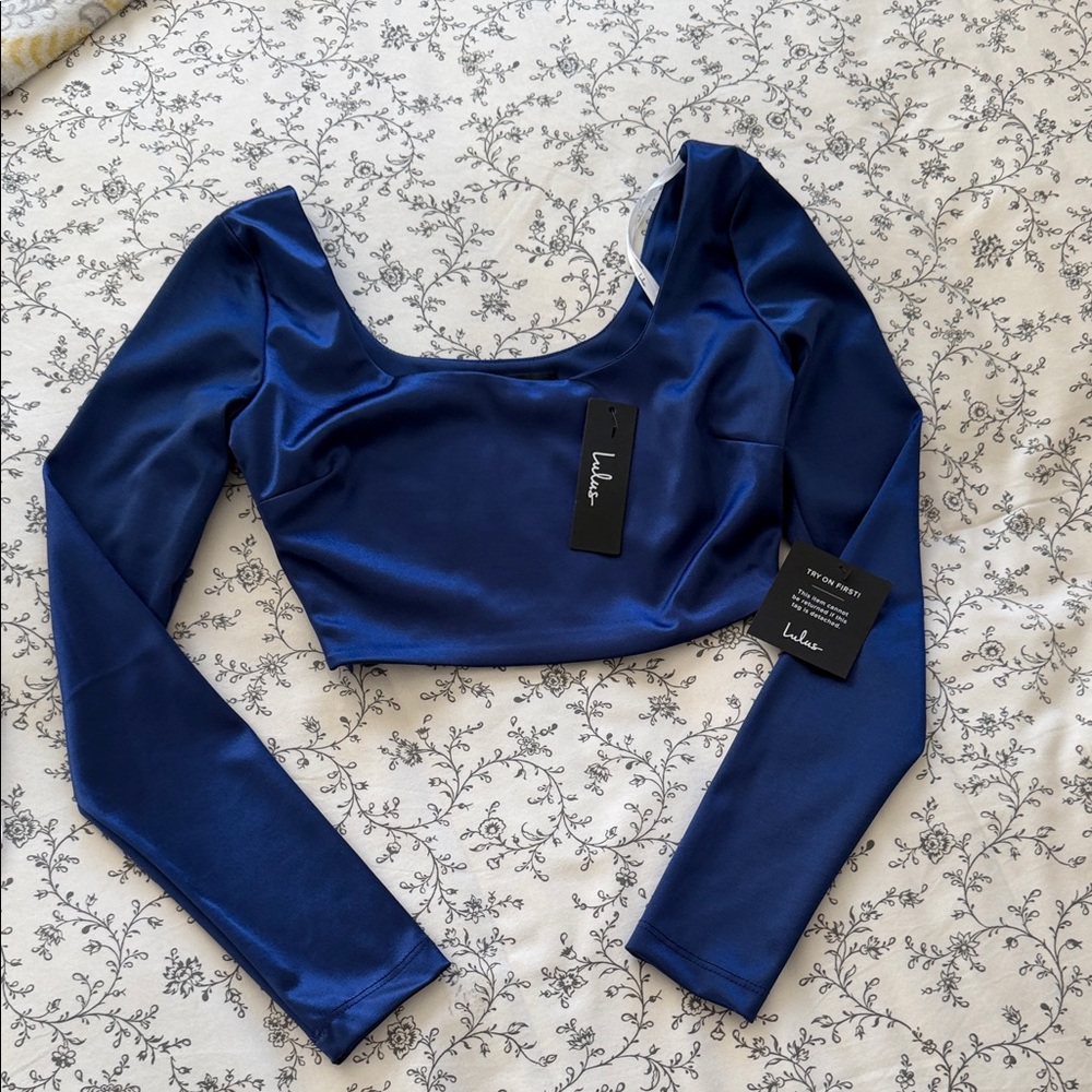 Lulu's Royal Blue Satin Crop Top + Skirt with Slit